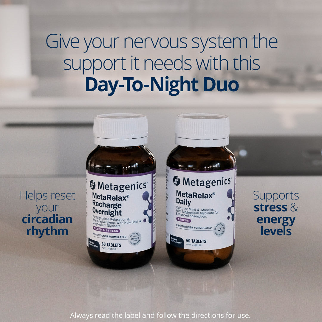 Metagenics MetaRelax Day-to-Night Duo supplement set for stress support, energy levels, and sleep with circadian rhythm balance