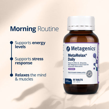 Metagenics MetaRelax Daily magnesium supplement bottle for stress support, energy levels, and muscle relaxation – morning routine wellness product