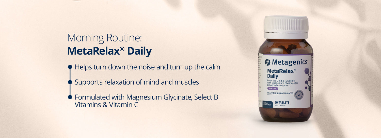 Metagenics MetaRelax Daily magnesium glycinate supplement for stress support, relaxation, and energy balance