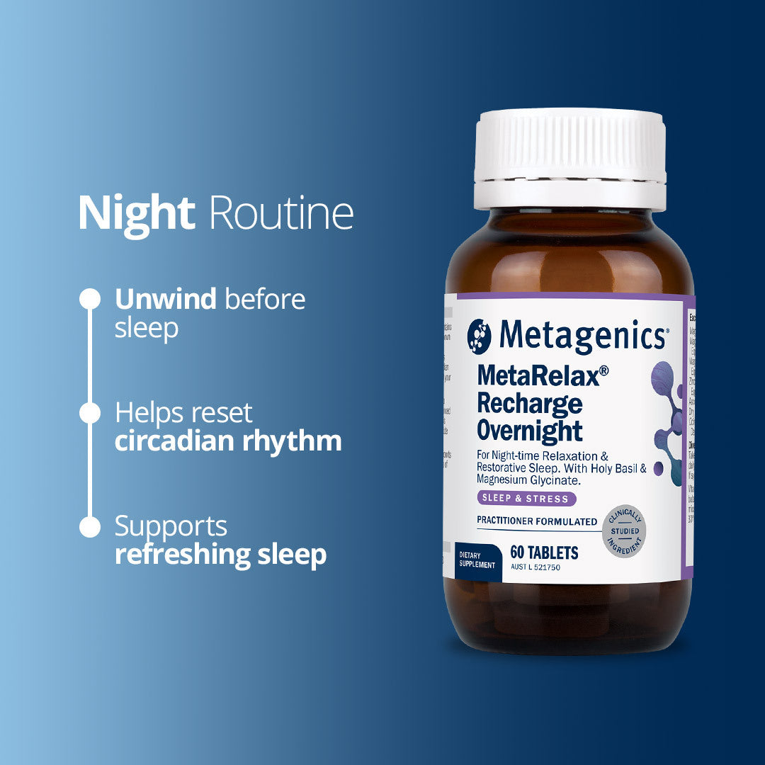 Metagenics MetaRelax Recharge Overnight supplement for sleep, stress relief, and circadian rhythm support – night routine wellness product