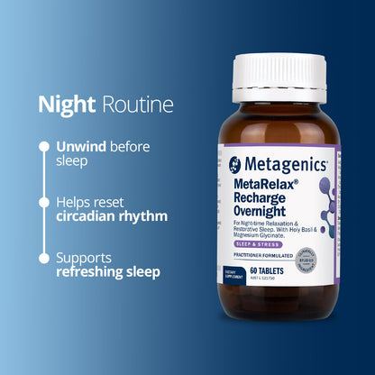 Metagenics MetaRelax Recharge Overnight supplement for sleep, stress relief, and circadian rhythm support – night routine wellness product