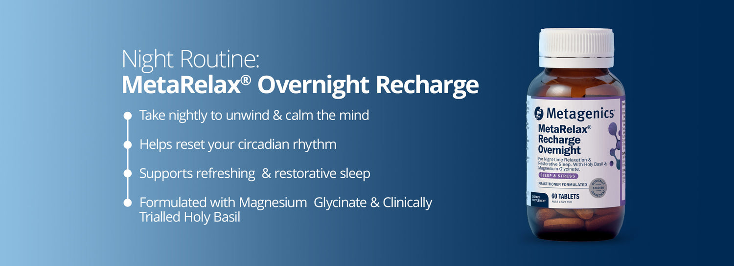 Metagenics MetaRelax Recharge Overnight magnesium supplement for sleep, stress relief, and circadian rhythm support