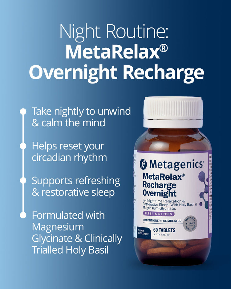 Metagenics MetaRelax Recharge Overnight magnesium supplement for sleep, stress relief, and circadian rhythm support
