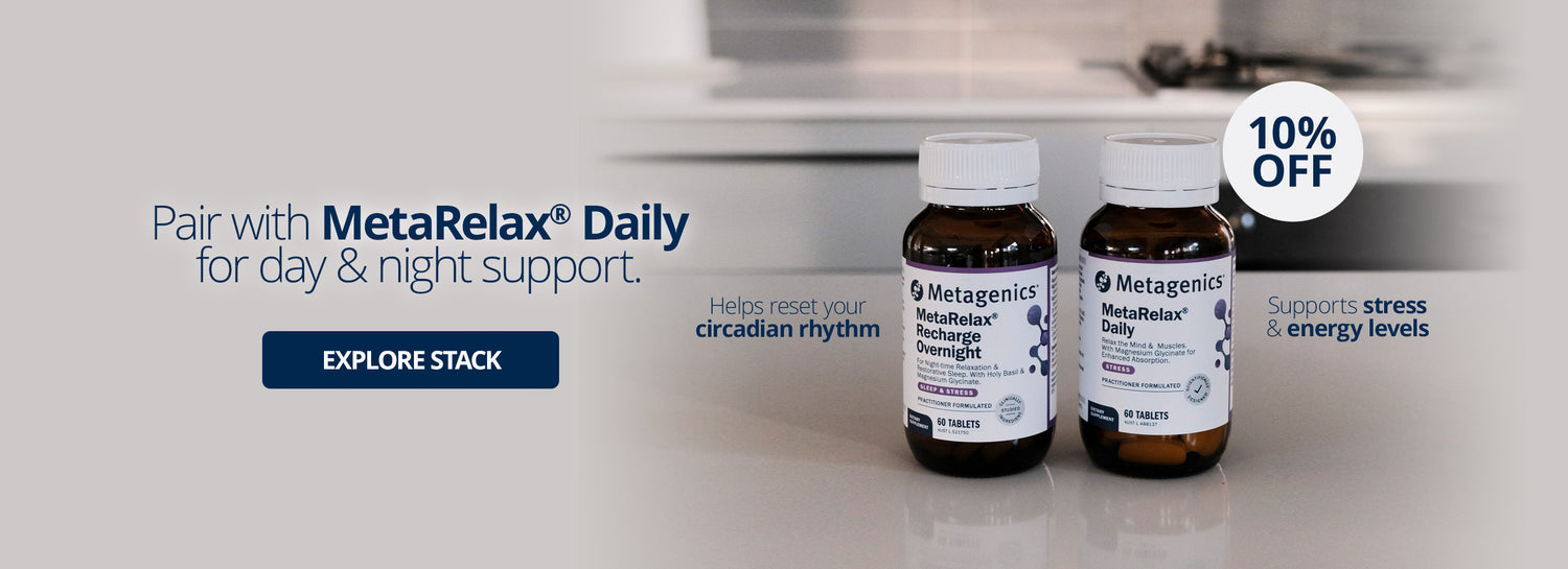 Metagenics MetaRelax Daily and Recharge Overnight magnesium supplements for stress relief, energy support, sleep quality, and circadian rhythm with 10% off offer

