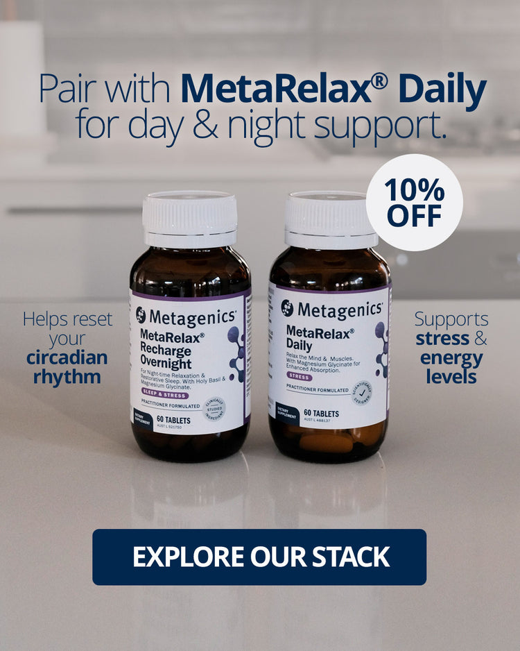 Metagenics MetaRelax Daily and Recharge Overnight magnesium supplements for stress relief, energy support, sleep quality, and circadian rhythm with 10% off offer

