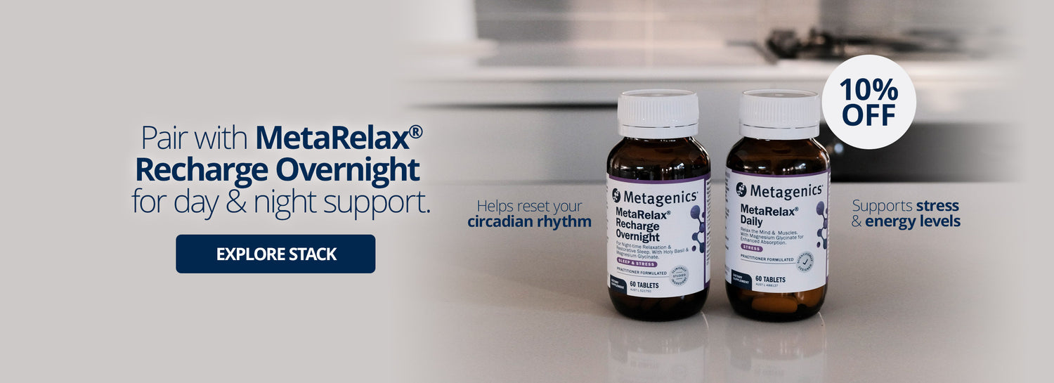 Metagenics MetaRelax Recharge Overnight and Daily pair for complete day and night support, promoting restful sleep, stress balance, and daytime energy
