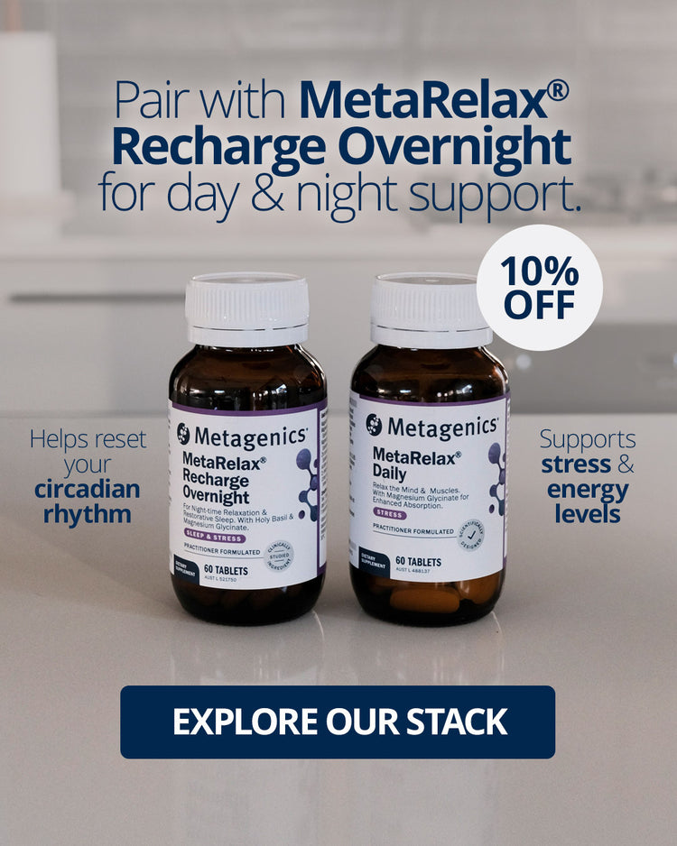 Metagenics MetaRelax Recharge Overnight and Daily pair for complete day and night support, promoting restful sleep, stress balance, and daytime energy
