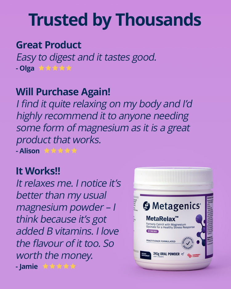 Metagenics MetaRelax supplement container with customer reviews on a purple background