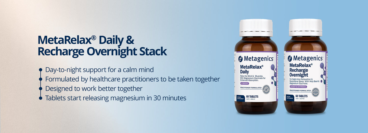 Metagenics MetaRelax Daily and Recharge Overnight magnesium supplement stack for stress relief, sleep support, energy balance, and nervous system support