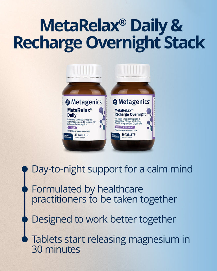 Metagenics MetaRelax Daily and Recharge Overnight magnesium supplement stack for stress relief, sleep support, energy balance, and nervous system support