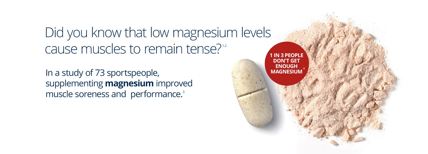 MagActive Muscle Powder magnesium supplement tablet and powder with educational text about muscle health, showing that 1 in 3 people lack magnesium and supplementation improves muscle soreness and performance.