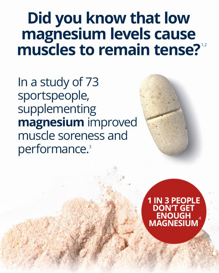 MagActive Muscle Powder magnesium supplement tablet and powder with educational text about muscle health, showing that 1 in 3 people lack magnesium and supplementation improves muscle soreness and performance.