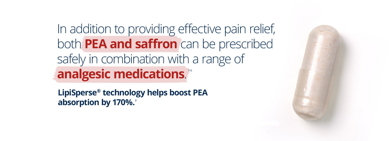 PainX PEA Advanced supplement with PEA and saffron for effective pain relief; LipiSperse technology boosts PEA absorption by 170% and is safe with other analgesics.