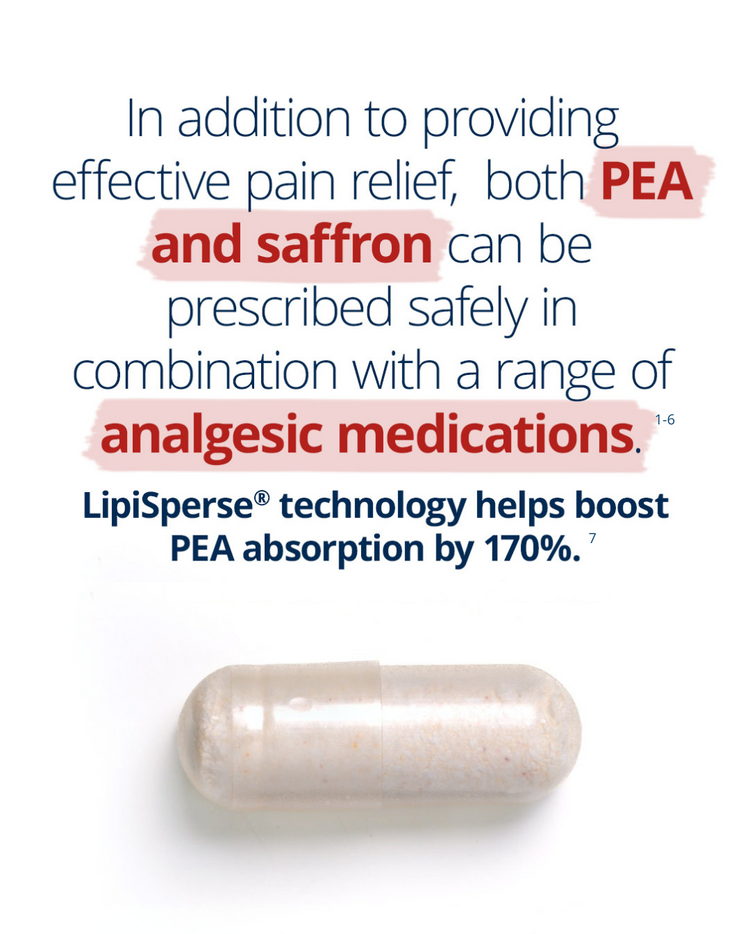 PainX PEA Advanced supplement with PEA and saffron for effective pain relief; LipiSperse technology boosts PEA absorption by 170% and is safe with other analgesics.