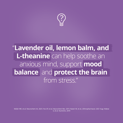 Purple background with text about lavender oil, lemon balm, and L-theanine benefits on a mind and brain.