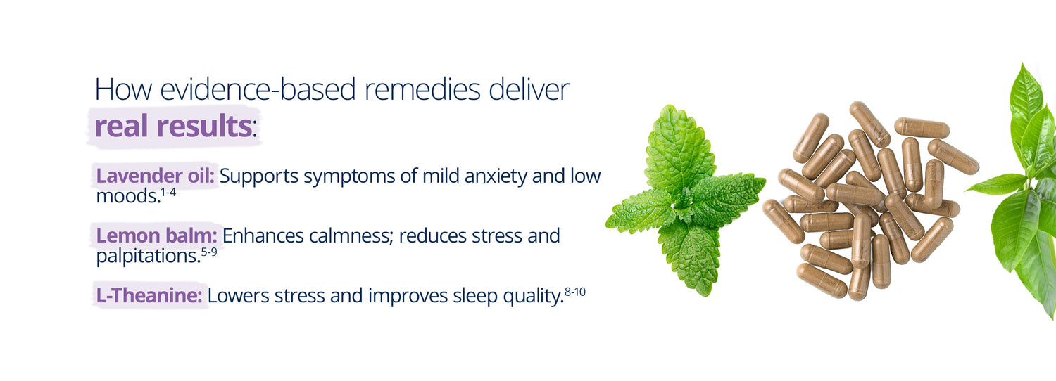 Health infographic on evidence-based remedies for stress and anxiety. Highlights benefits of lavender oil for mild anxiety and low moods, lemon balm for calmness and reduced stress, and L-theanine for better sleep quality. Includes brown supplement capsules and fresh green leaves.