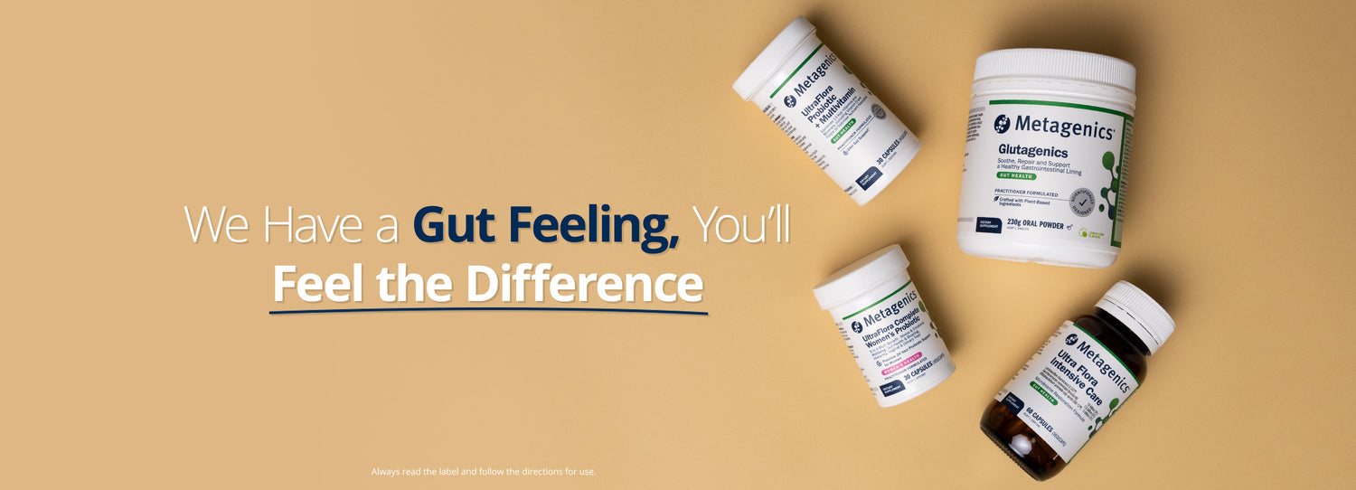 Metagenics supplement bottles on a beige background with promotional text.