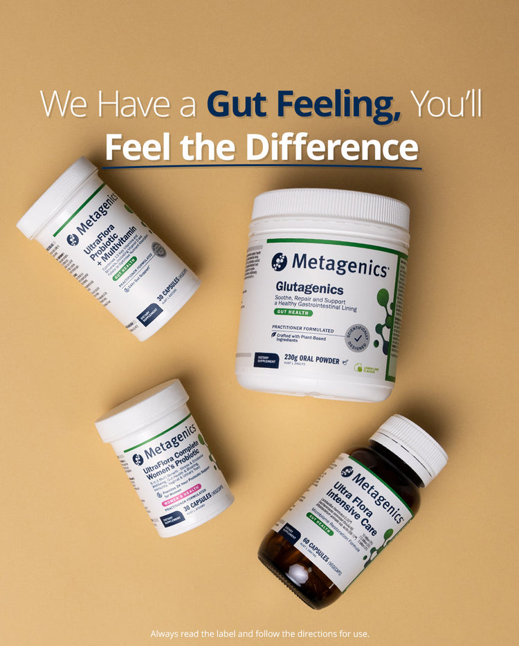 Metagenics supplement bottles on a beige background with promotional text.