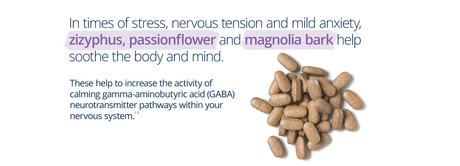 NeuroCalm with zizyphus, passionflower, and magnolia bark to soothe stress, anxiety, and support calming GABA activity.