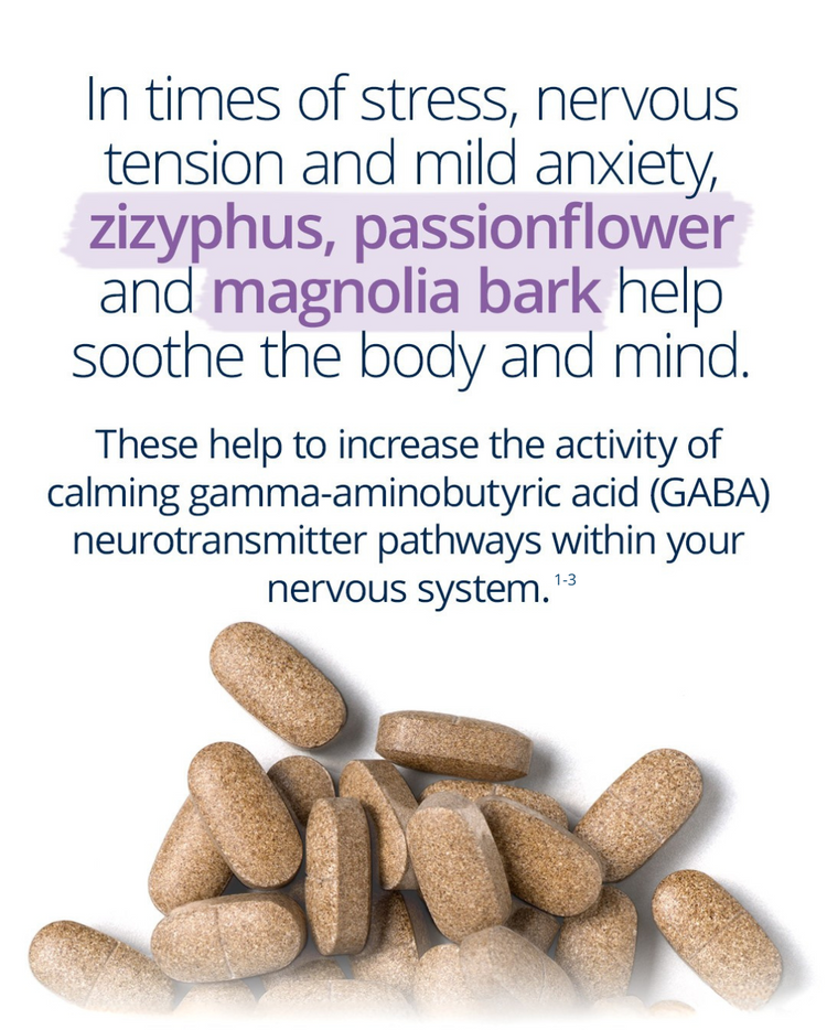 NeuroCalm with zizyphus, passionflower, and magnolia bark to soothe stress, anxiety, and support calming GABA activity.