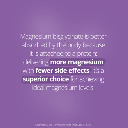 Text on a purple background about magnesium bisglycinate's absorption and benefits.