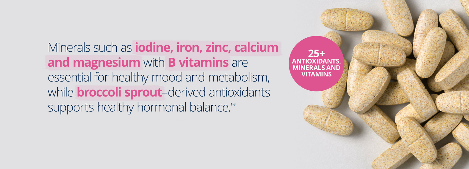 Femme Essentials supplement tablets with 25+ antioxidants, minerals, and vitamins; supports healthy mood, metabolism, and hormonal balance with minerals, B vitamins, and broccoli sprout antioxidants.