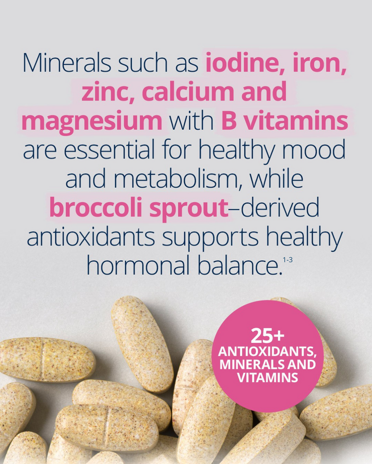 Femme Essentials supplement tablets with 25+ antioxidants, minerals, and vitamins; supports healthy mood, metabolism, and hormonal balance with minerals, B vitamins, and broccoli sprout antioxidants.