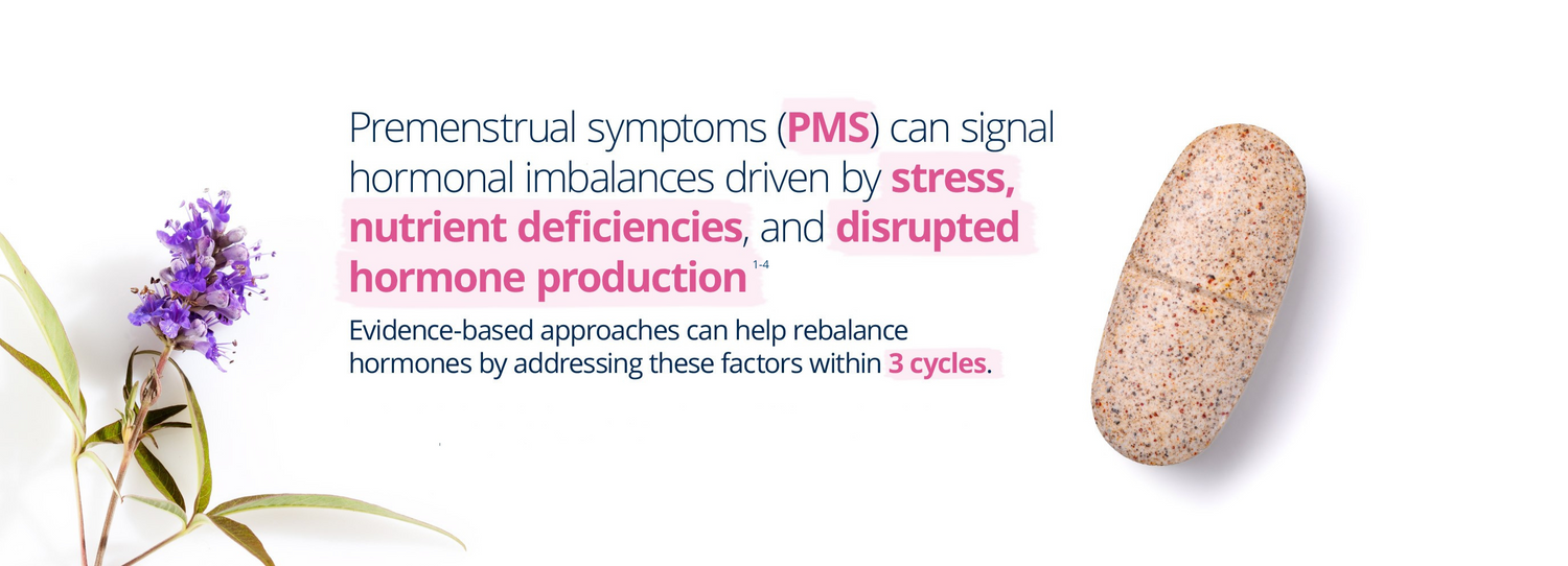 PMS Ease supplement for women: supports hormone balance and relieves premenstrual symptoms by addressing stress, nutrient deficiencies, and hormone production.