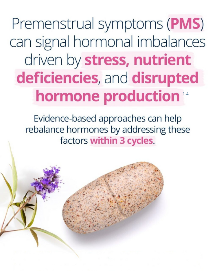 PMS Ease supplement for women: supports hormone balance and relieves premenstrual symptoms by addressing stress, nutrient deficiencies, and hormone production.