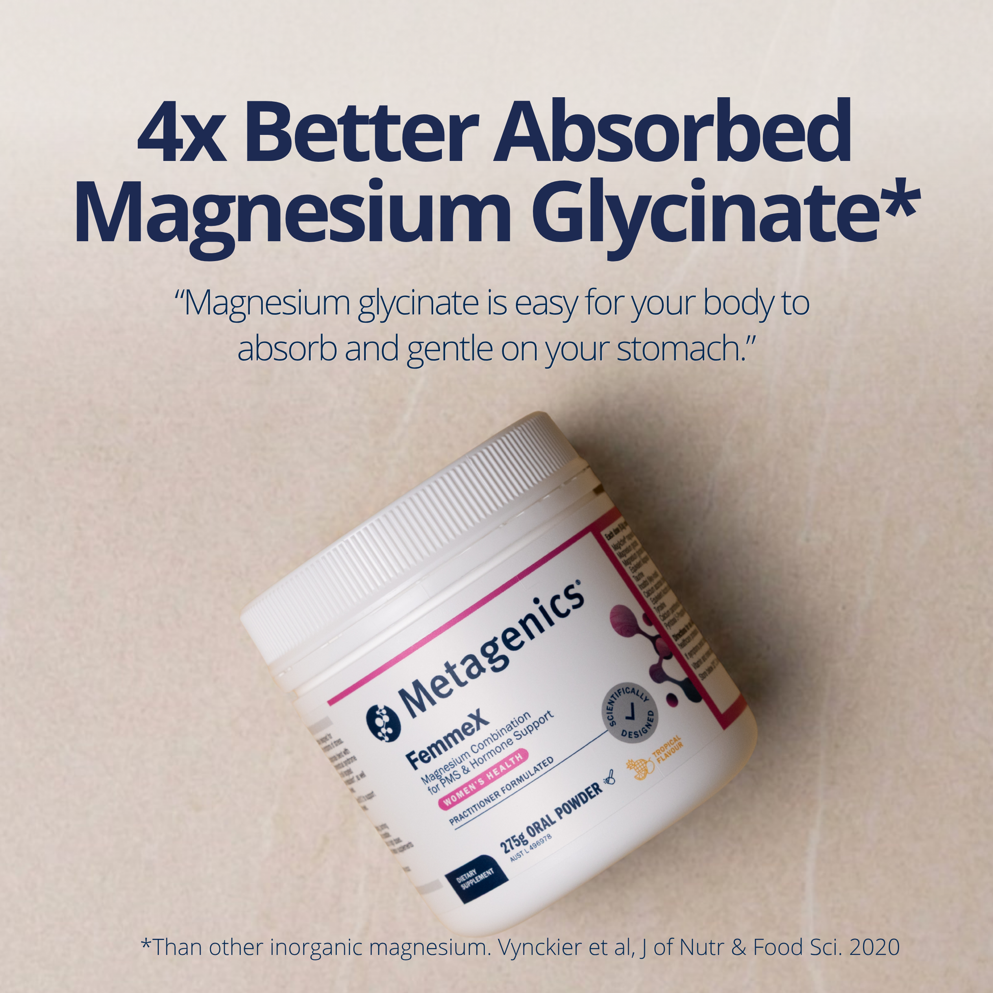 A white tub of Metagenics FemmeX Magnesium Glycinate 27% elemental powder, set against a light beige textured background with promotional text above.