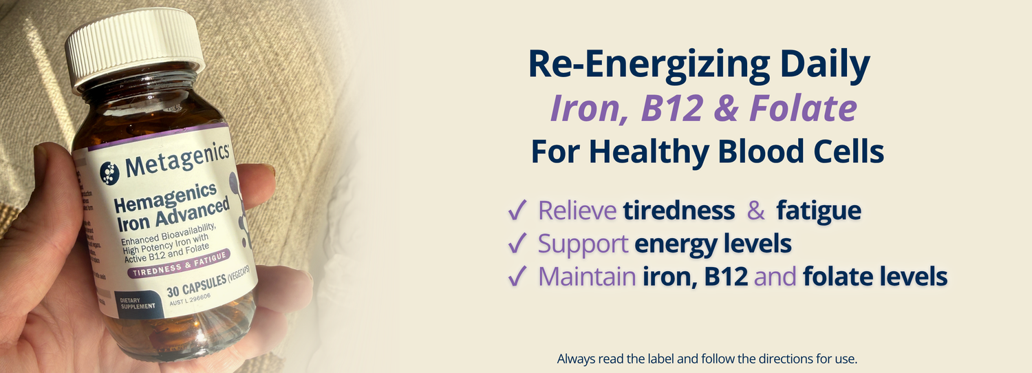 Support energy levels and healthy red blood cell production with Hemagenics Iron Advanced. Featuring iron bisglycinate, vitamin B12 and folate for optimal absorption and daily vitality.
