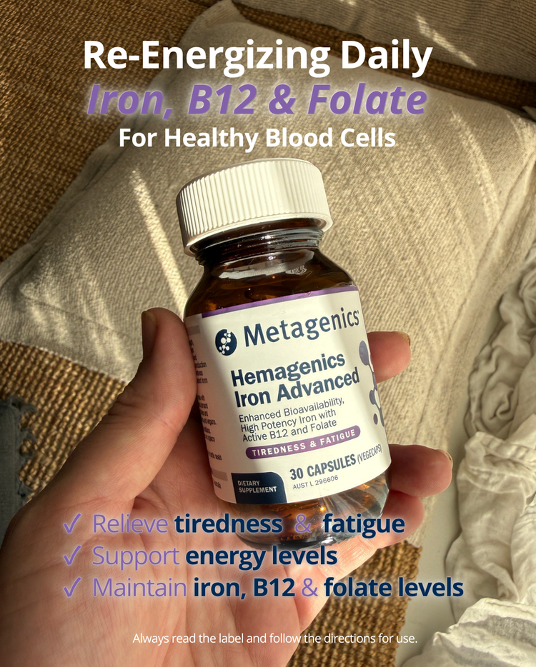 Support energy levels and healthy red blood cell production with Hemagenics Iron Advanced. Featuring iron bisglycinate, vitamin B12 and folate for optimal absorption and daily vitality.

