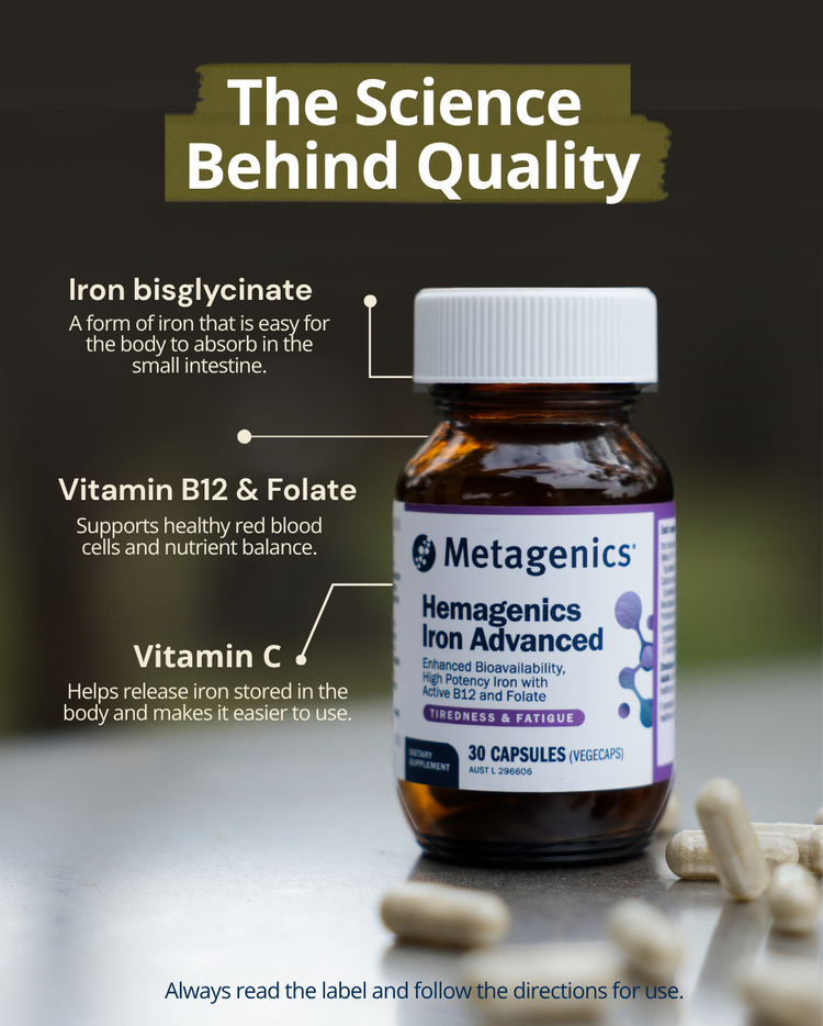 Metagenics Hemagenics Iron Advanced supplement bottle with capsules, highlighting iron bisglycinate, vitamin B12, folate and vitamin C benefits