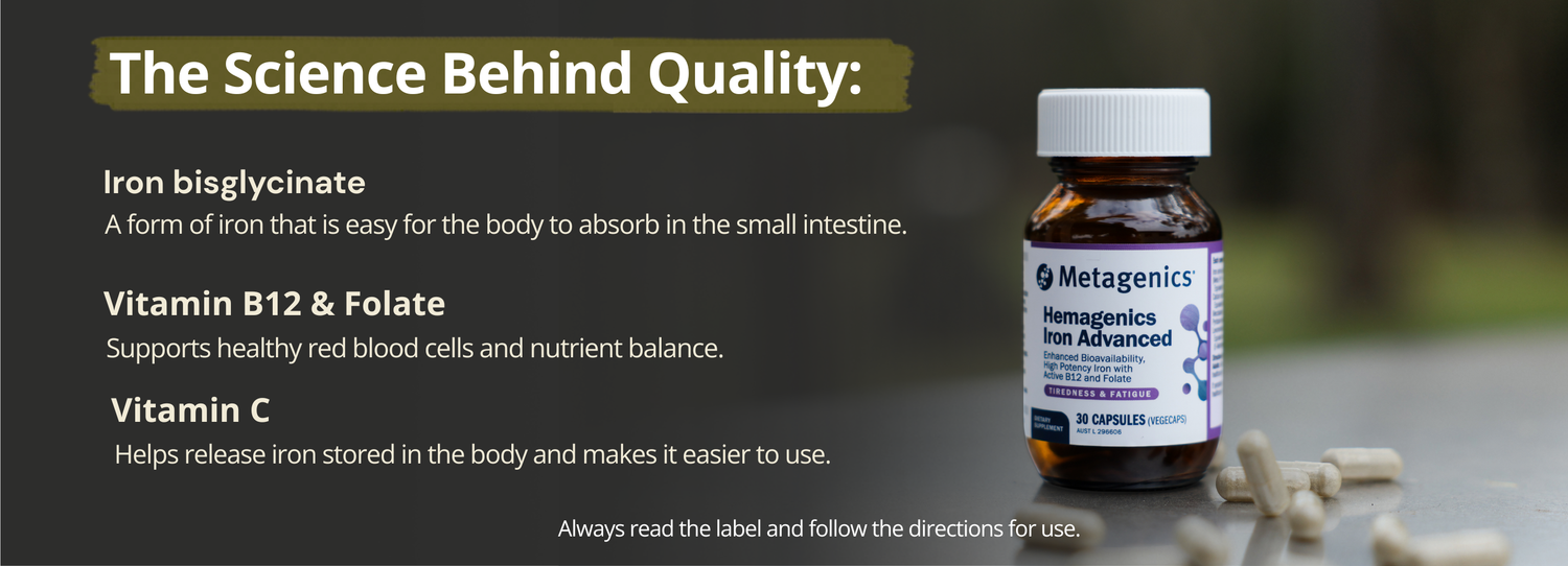 Metagenics Hemagenics Iron Advanced supplement bottle with capsules, highlighting iron bisglycinate, vitamin B12, folate and vitamin C benefits.