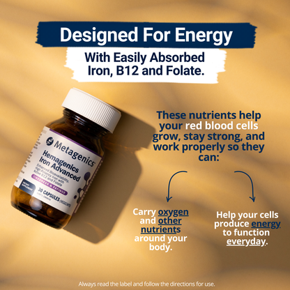 Boost energy and support red blood cell health with Hemagenics Iron Advanced. Featuring easily absorbed iron, vitamin B12 and folate to help fight fatigue and support daily vitality.
