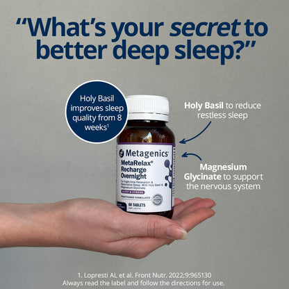 Metagenics MetaRelax Recharge Overnight supplement bottle held in a hand with promotional text on a gray background.