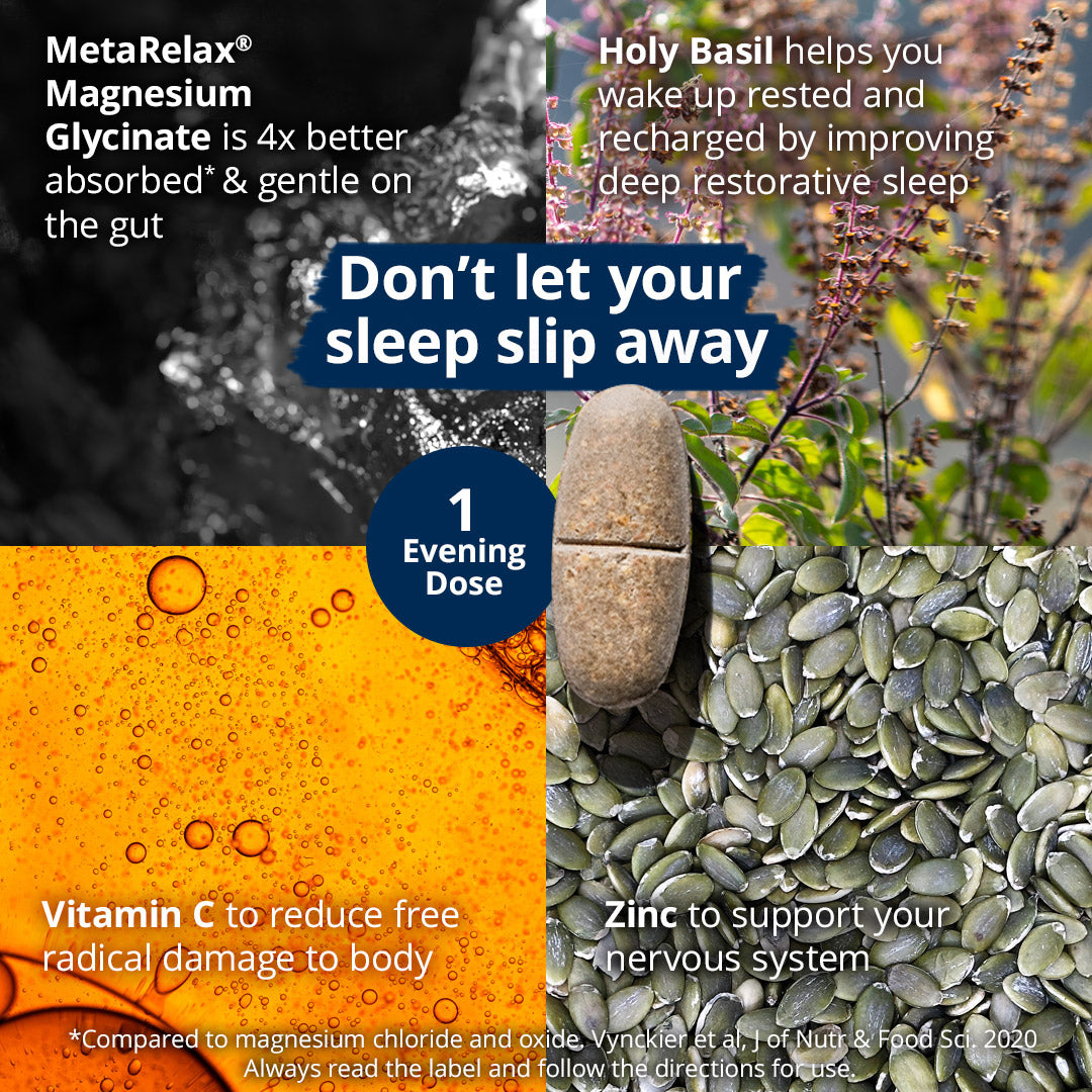 Promotional graphic for MetaRelax Magnesium Glycinate with images of magnesium supplement, basil plant, and seeds.