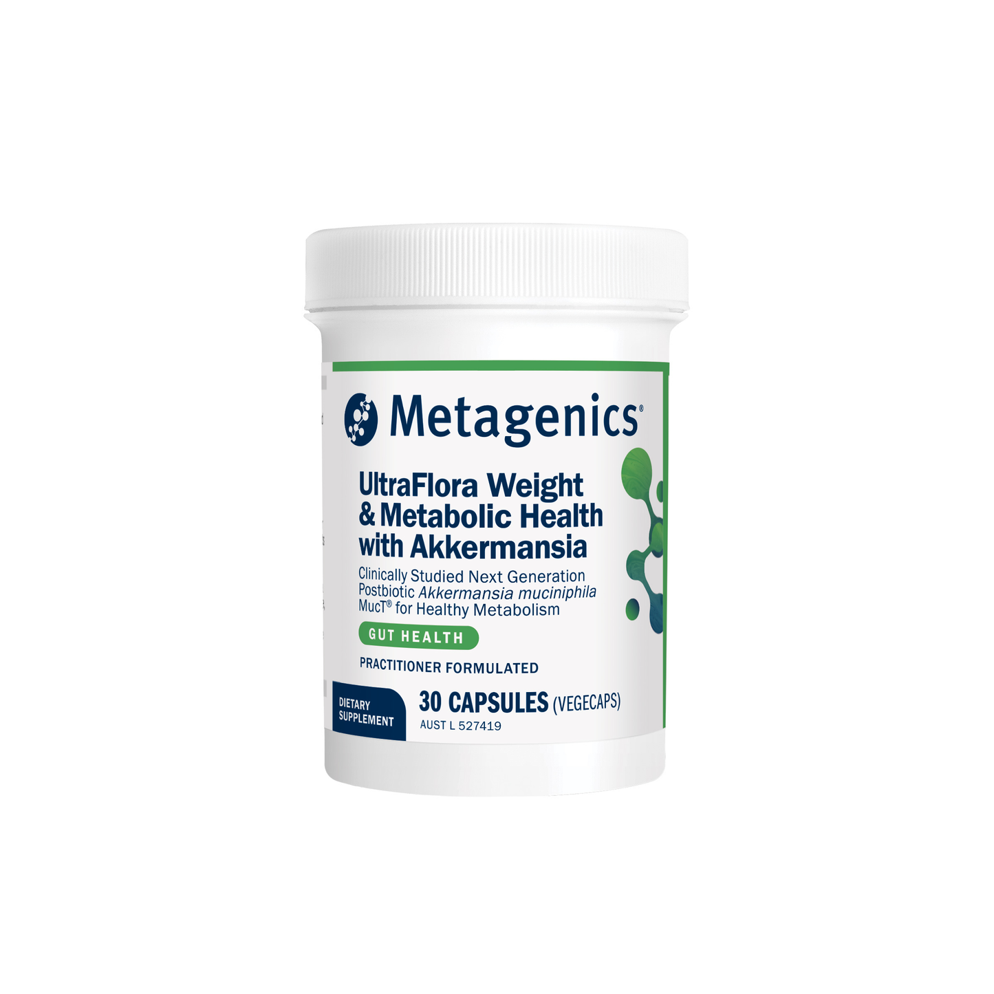 A white plastic bottle of Metagenics UltraFlora Weight & Metabolic Health with Akkermansia, containing 30 capsules, on a solid white background.