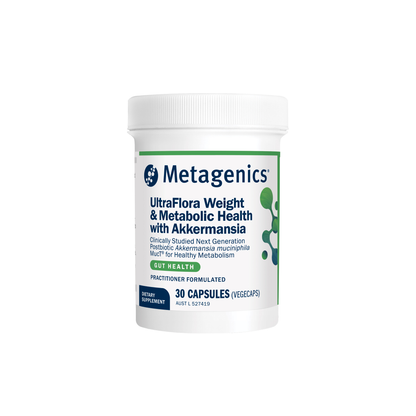 A white plastic bottle of Metagenics UltraFlora Weight & Metabolic Health with Akkermansia, containing 30 capsules, on a solid white background.