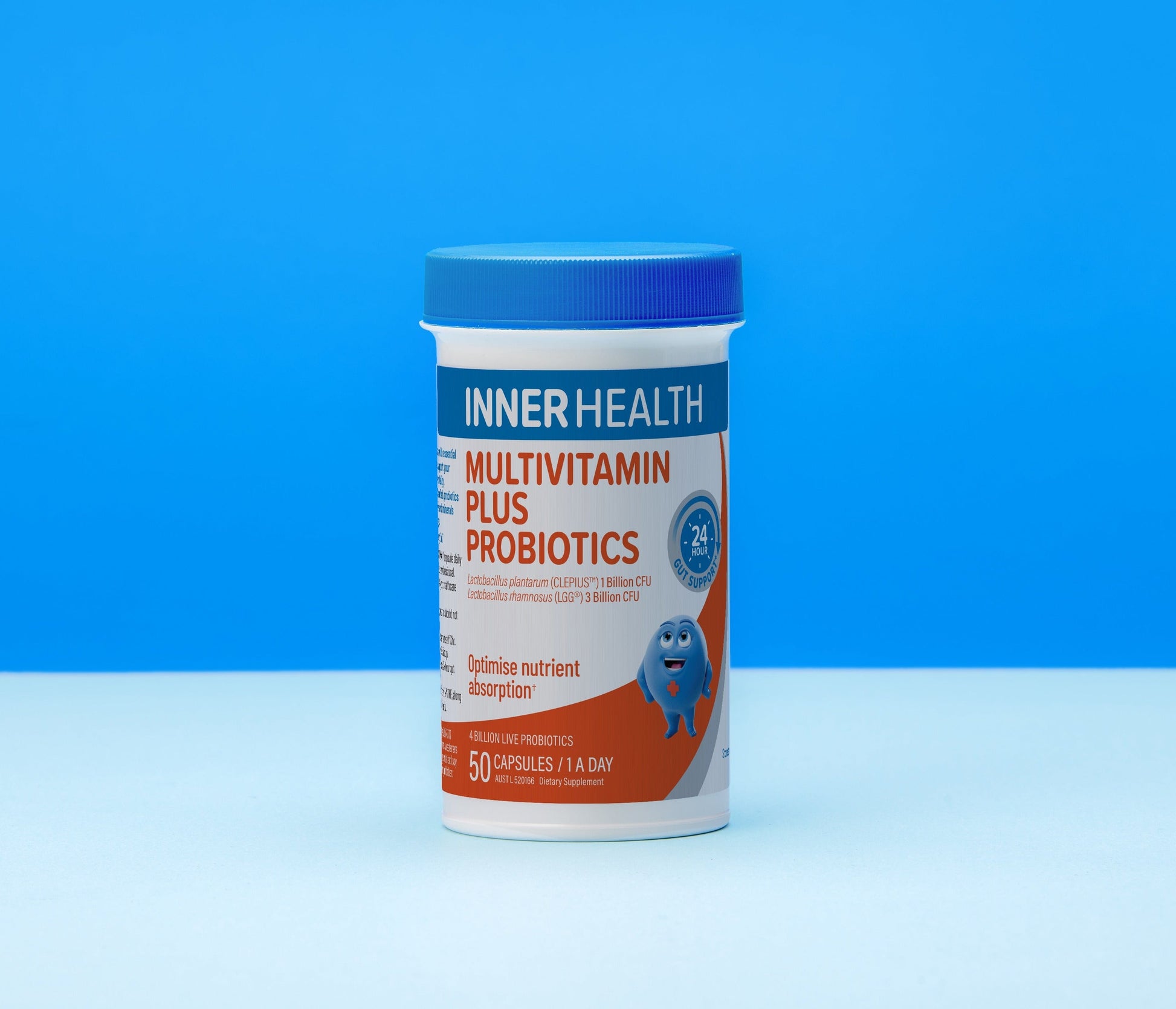 Inner Health Multivitamin Plus Probiotics container on a blue background
